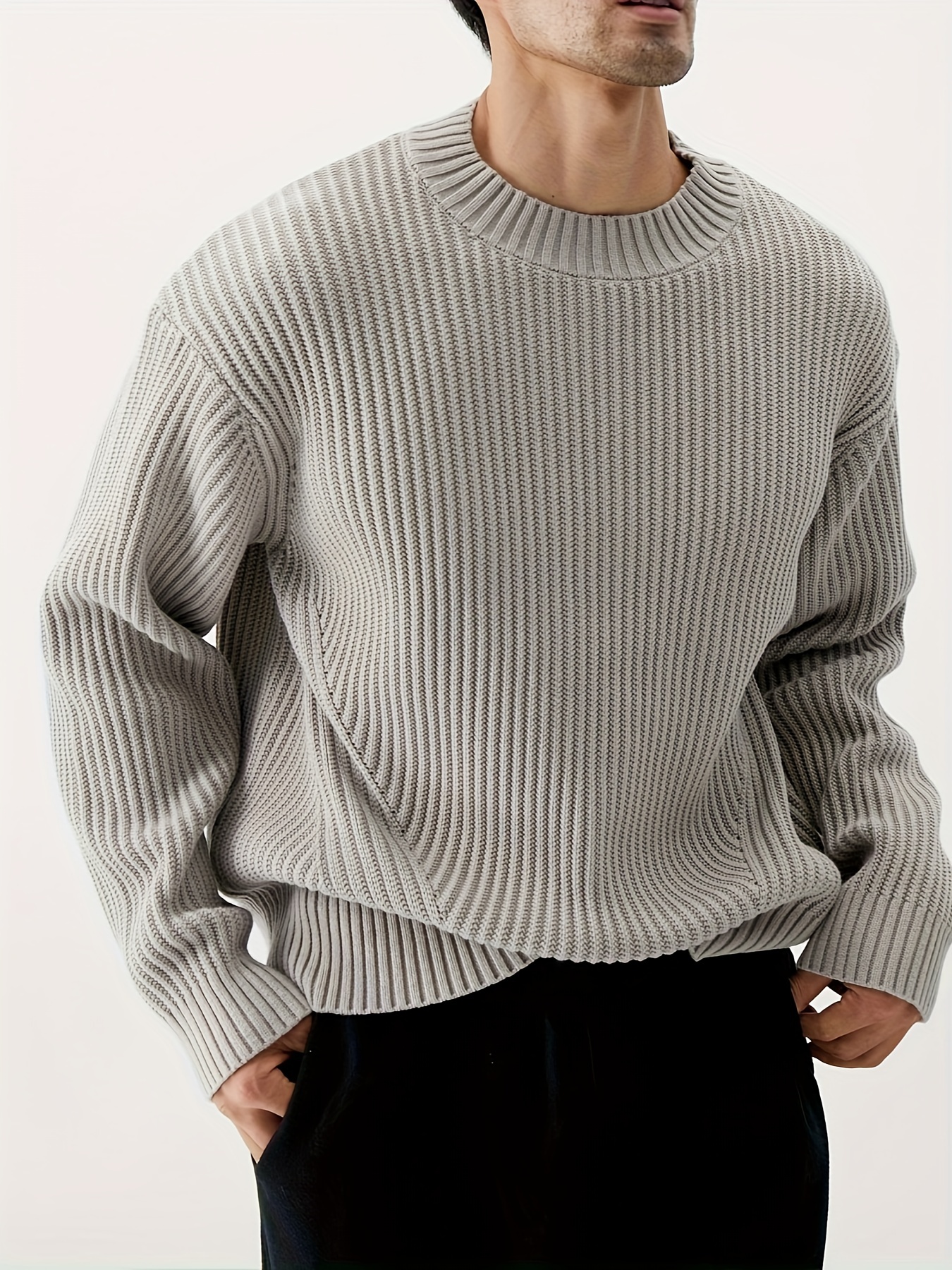 plus size mens solid textured knit tops fashion casual long sleeve pullover for fall winter mens clothing details 3