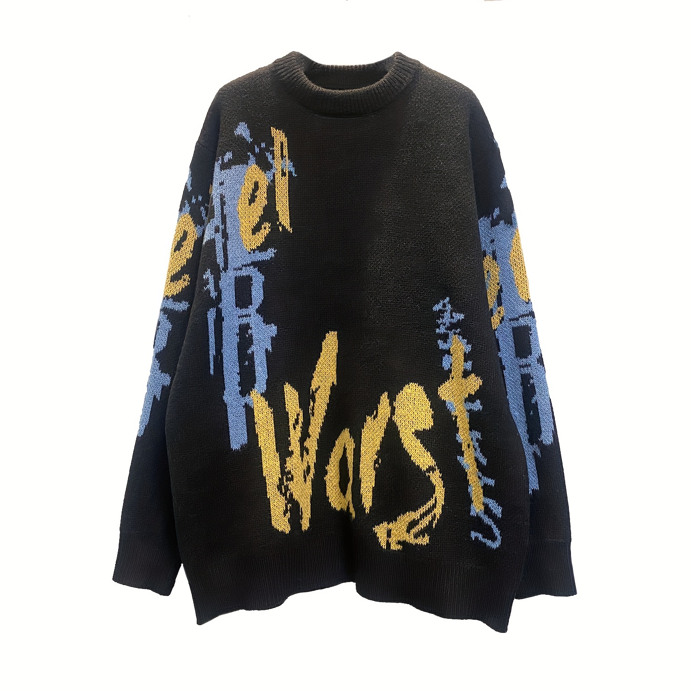 mens plus size letters print knit sweater autumn winter round neck graphic pullover details 1