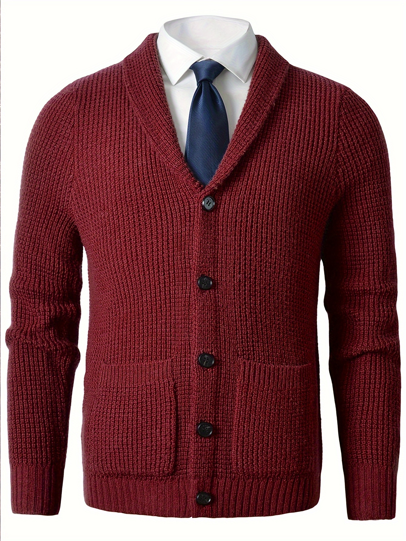 plus size mens solid knit long sleeve button down cardigan with lapel collar and pockets elegant and comfy sweater for autumn and winter leisurewear details 4