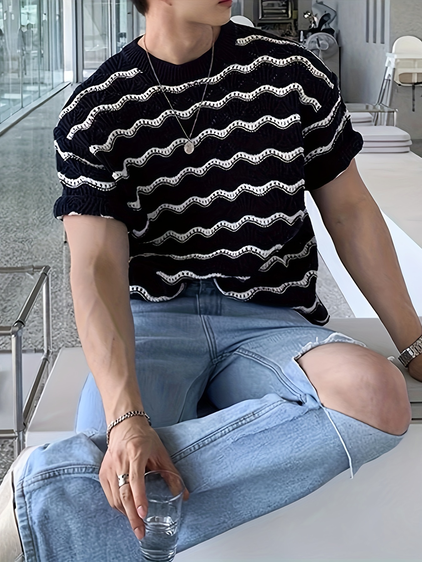 plus size mens creative wave lines pattern knit short sleeve sweater fashionable comfy top details 1