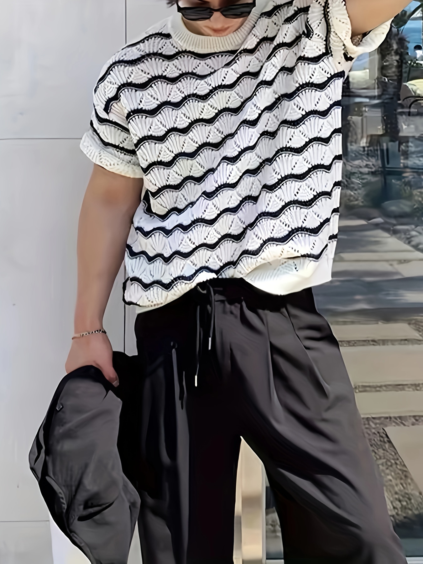 plus size mens creative wave lines pattern knit short sleeve sweater fashionable comfy top details 10