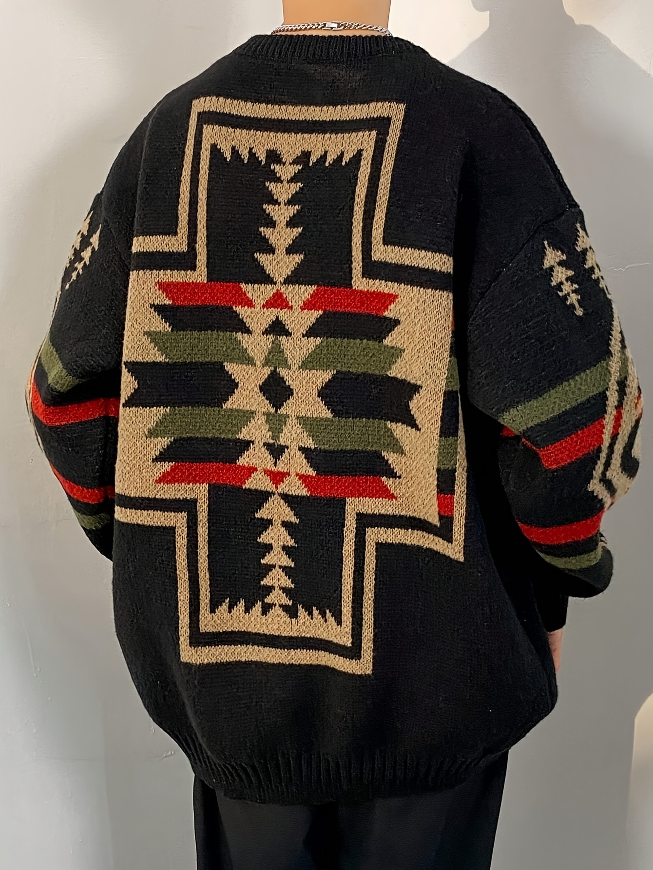 mens plus size sweater with tribal pattern print casual and preppy style crew neck knitted pullover cozy and warm for fall winter details 0