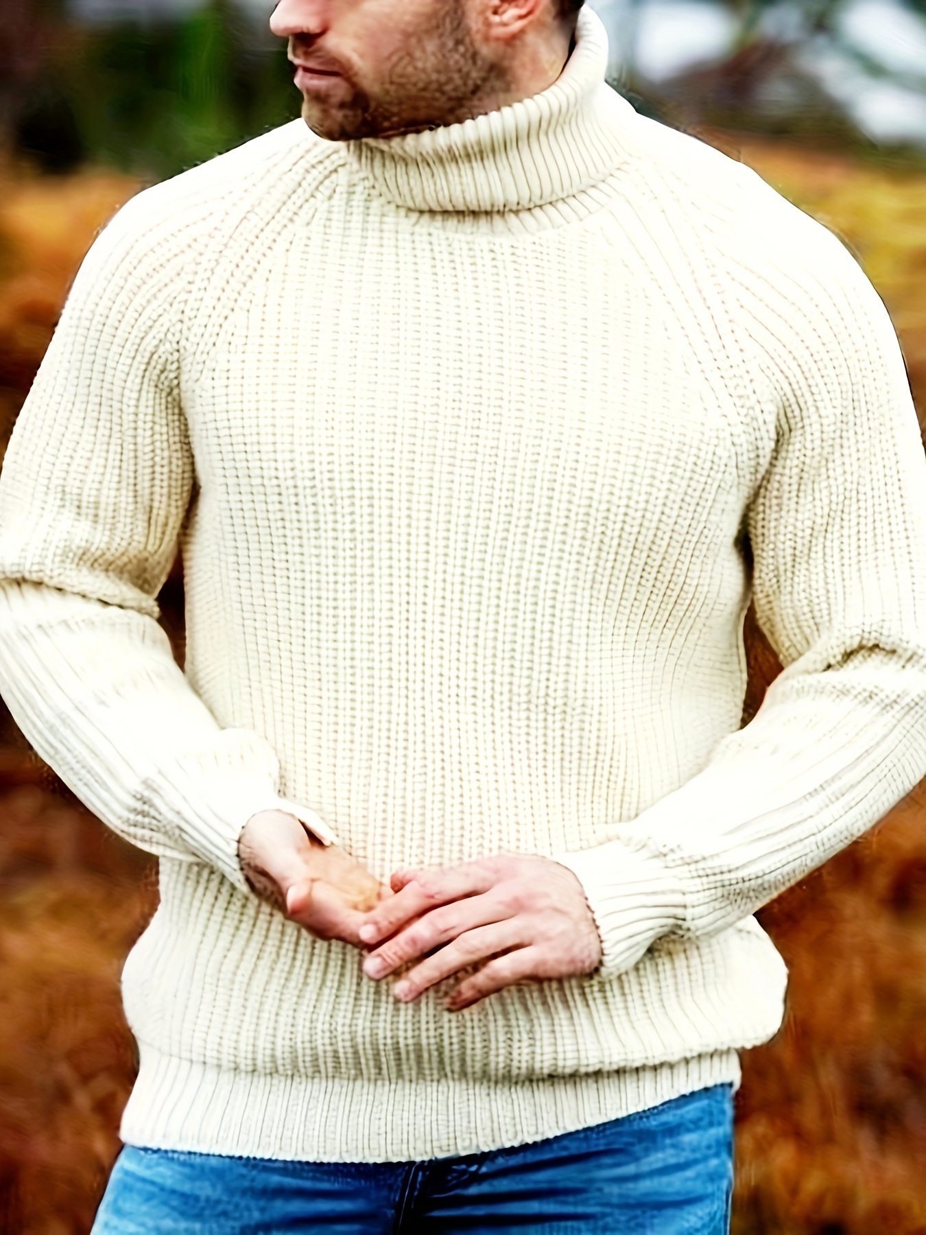 plus size mens turtleneck long sleeve sweater casual fit solid pullover autumn winter knitwear details 3