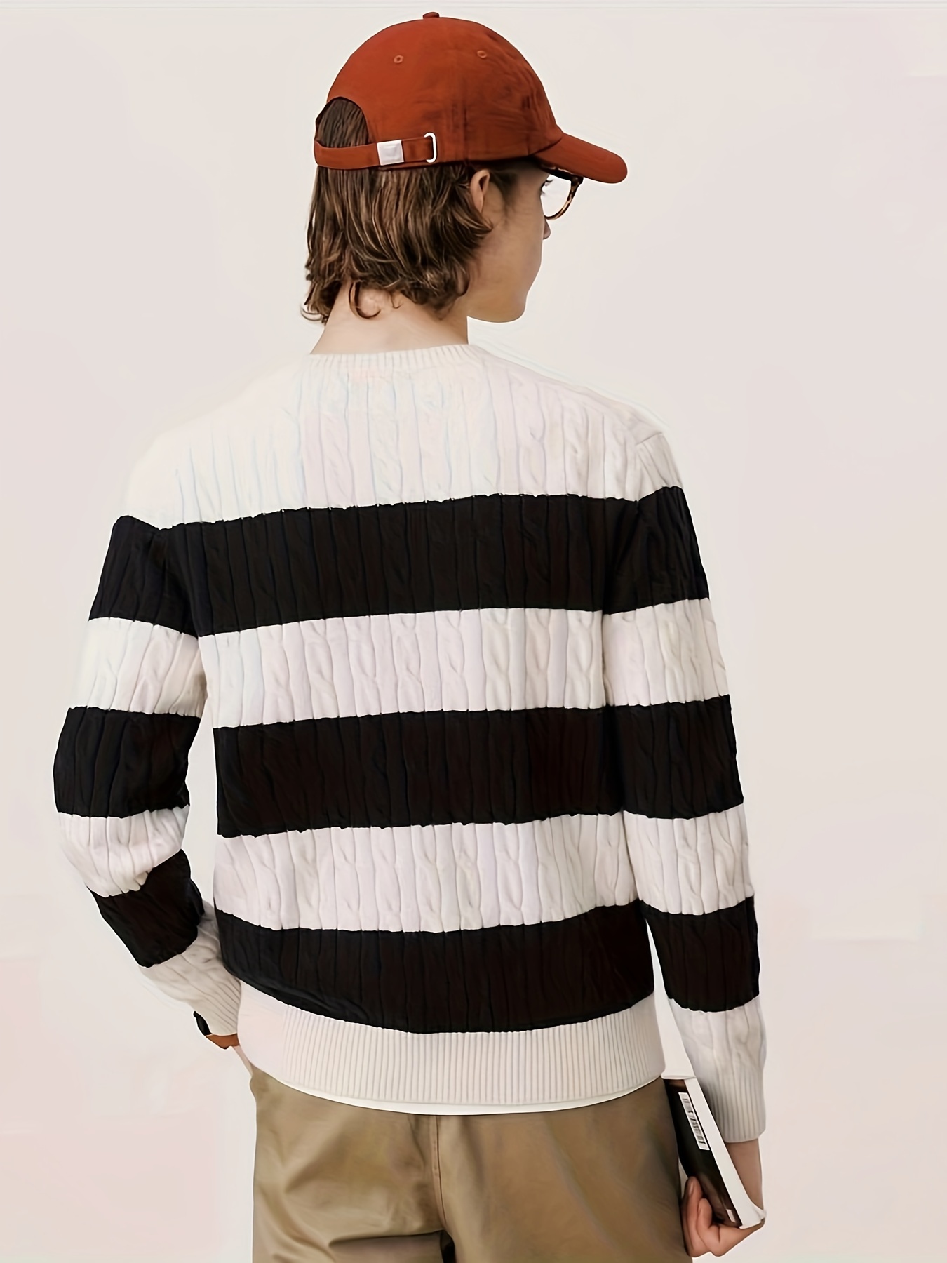 plus size mens contrast color sweater cable knit pullover for spring fall winter mens clothing details 1