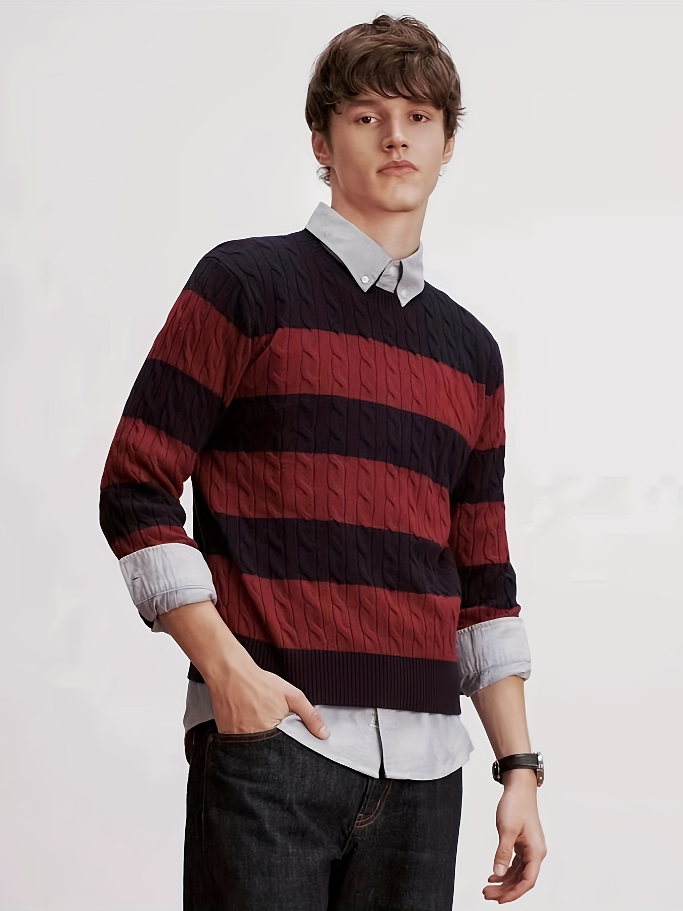 plus size mens contrast color sweater cable knit pullover for spring fall winter mens clothing details 6