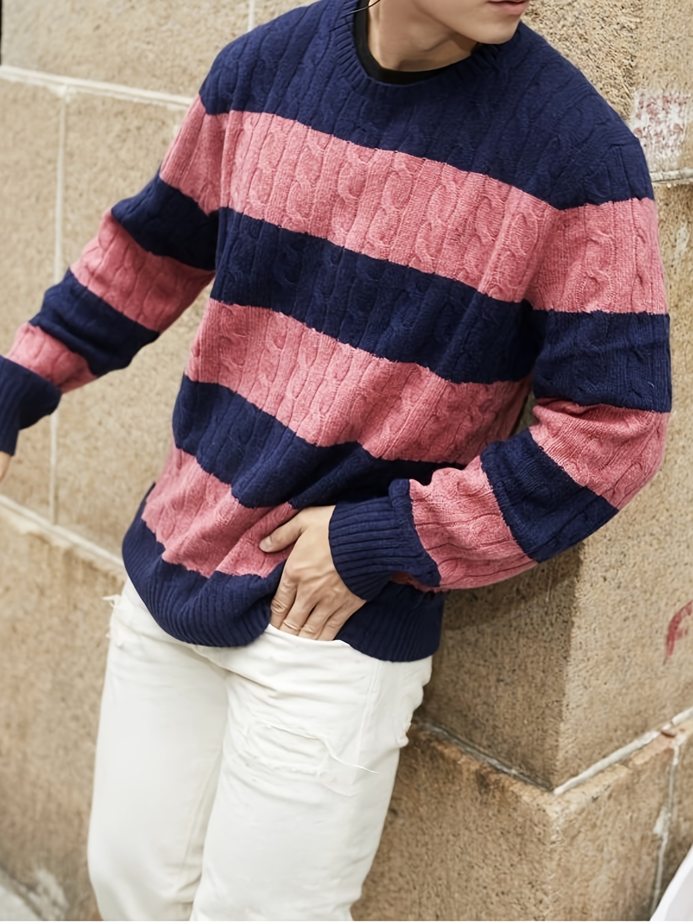 plus size mens contrast color sweater cable knit pullover for spring fall winter mens clothing details 29