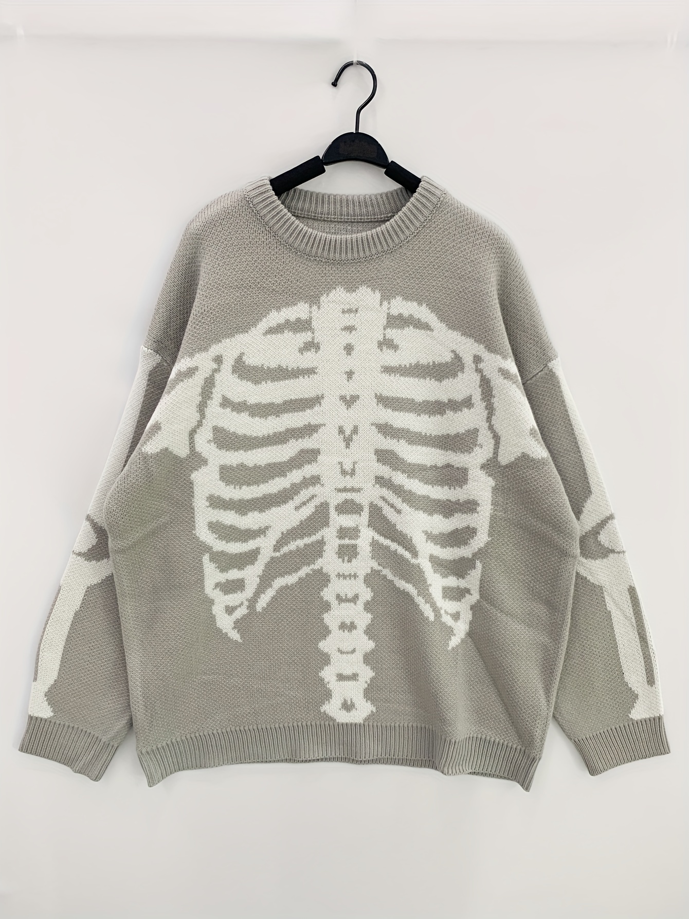 halloween plus size mens casual sweater elastic fashion skeleton print long sleeved crew neck knit pullover sweater jumper tops best sellers details 0