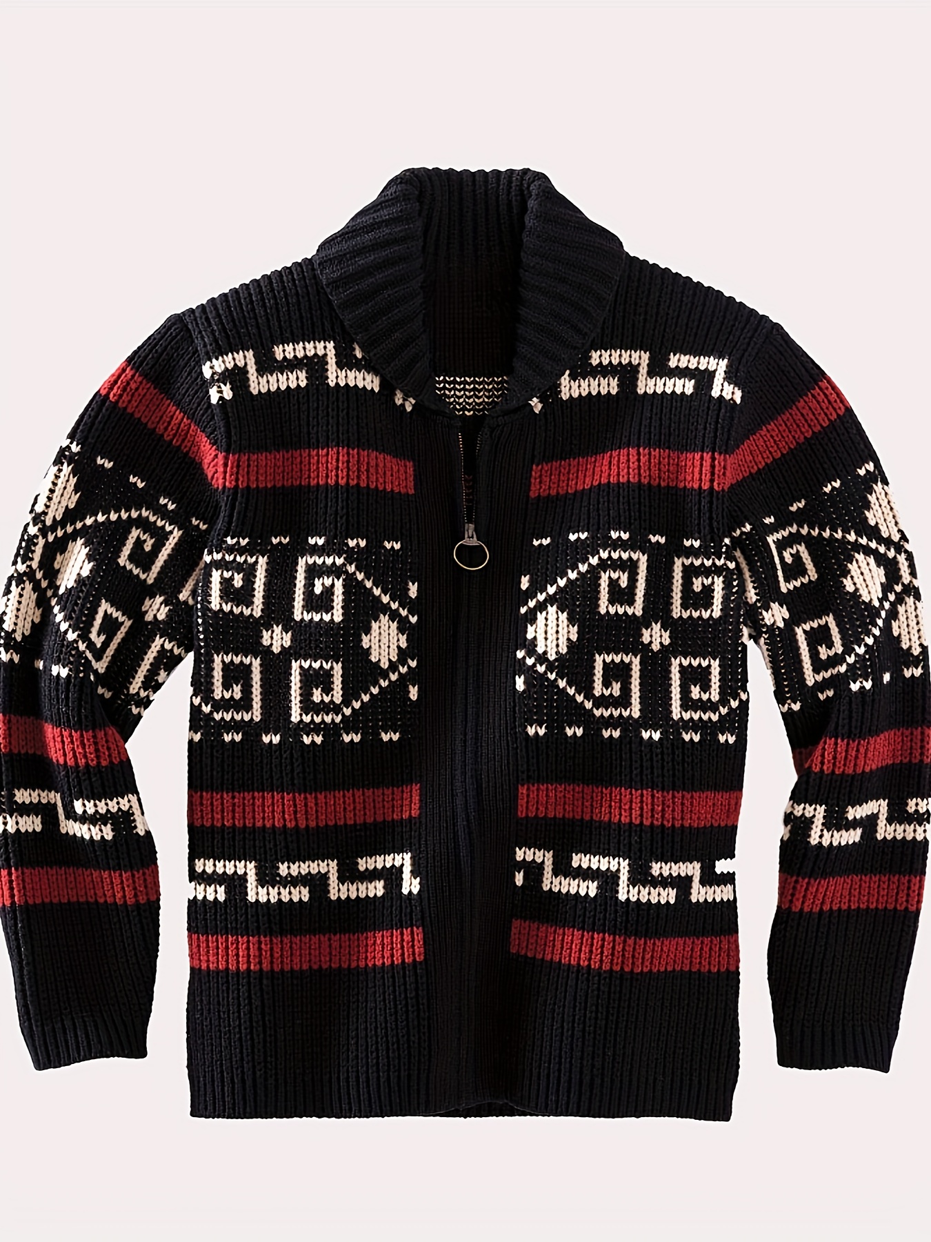 plus size mens band collar zipper cardigan color matching jacquard long sleeved sweater details 11