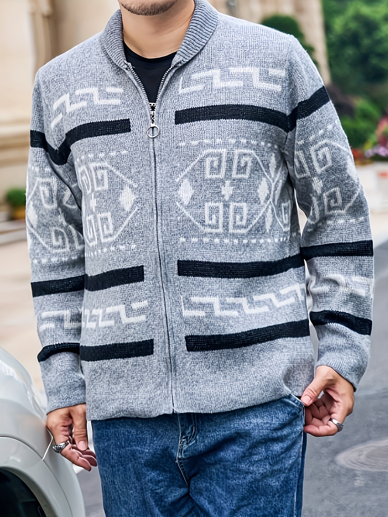 plus size mens band collar zipper cardigan color matching jacquard long sleeved sweater details 21