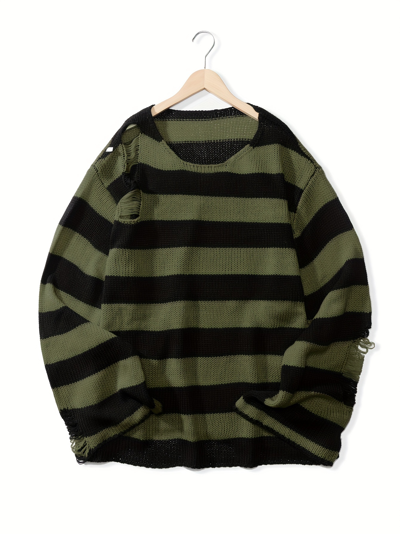 plus size mens fashion striped sweater ripped knit sweater long sleeved pullover spring autumn tops for big tall guys details 0