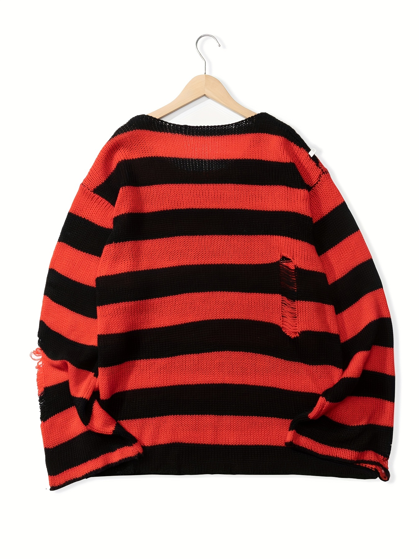 plus size mens fashion striped sweater ripped knit sweater long sleeved pullover spring autumn tops for big tall guys details 8