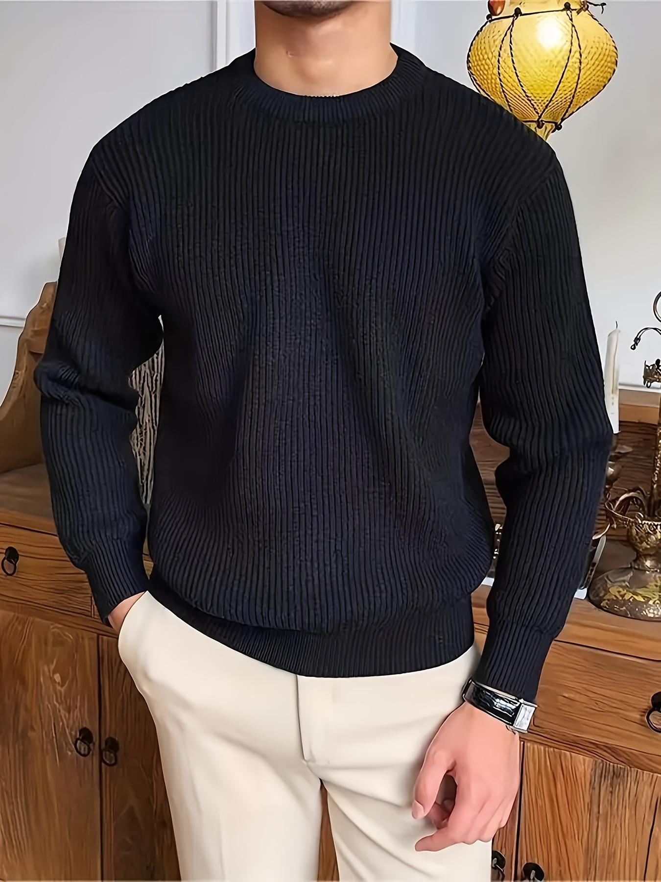 plus size mens solid textured sweater fashion casual knit pullover for spring fall winter mens clothing details 12