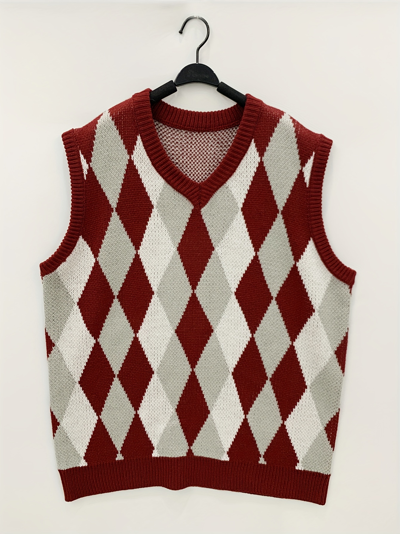 plus size mens college style argyle sleeveless v neck knitted vest fashion slightly stretch sleeveless sweater mens clothes k pop details 2