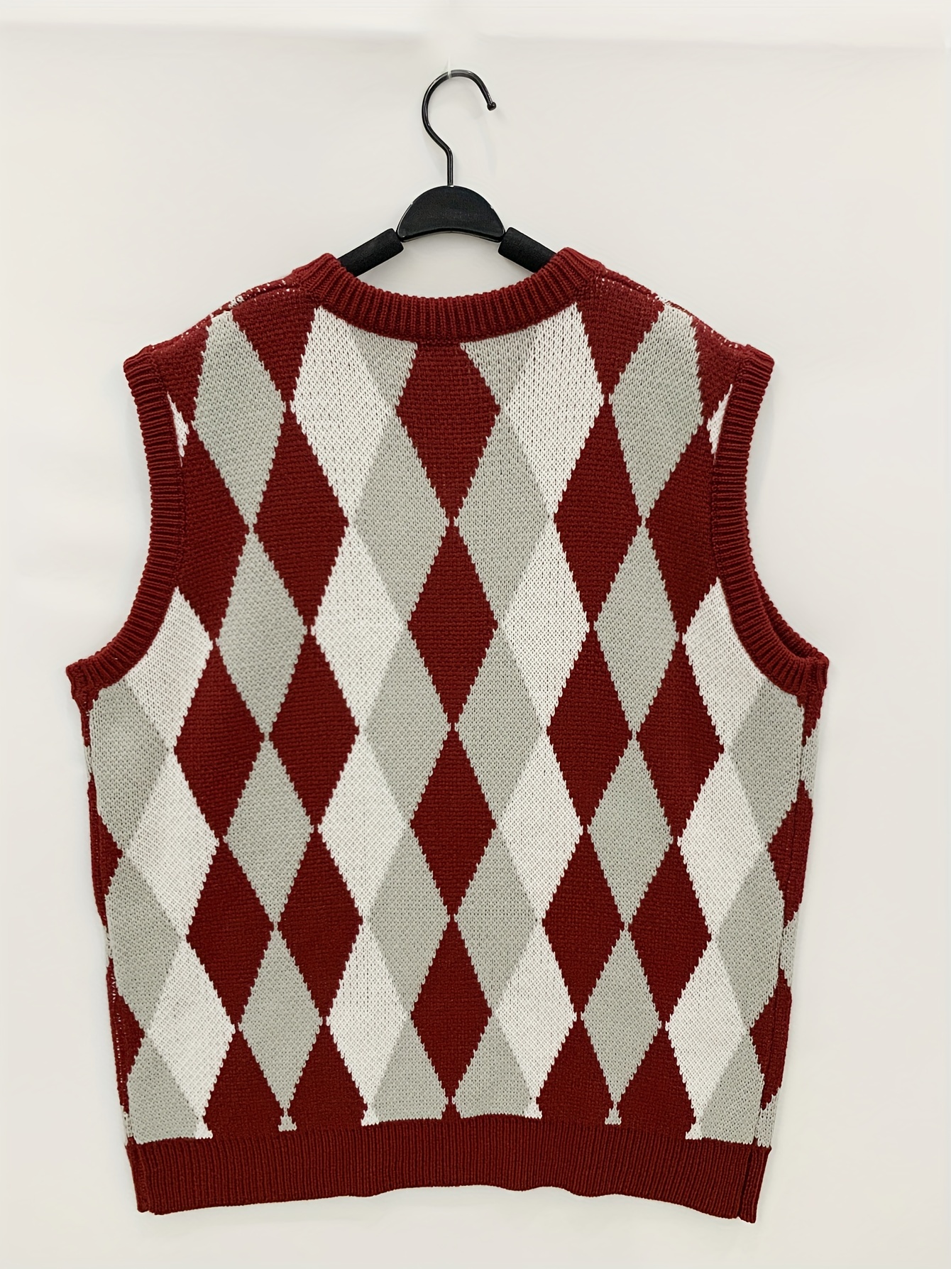 plus size mens college style argyle sleeveless v neck knitted vest fashion slightly stretch sleeveless sweater mens clothes k pop details 3