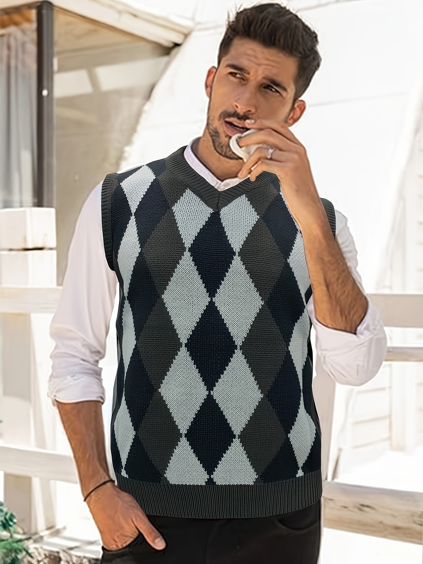 plus size mens college style argyle sleeveless v neck knitted vest fashion slightly stretch sleeveless sweater mens clothes k pop details 5