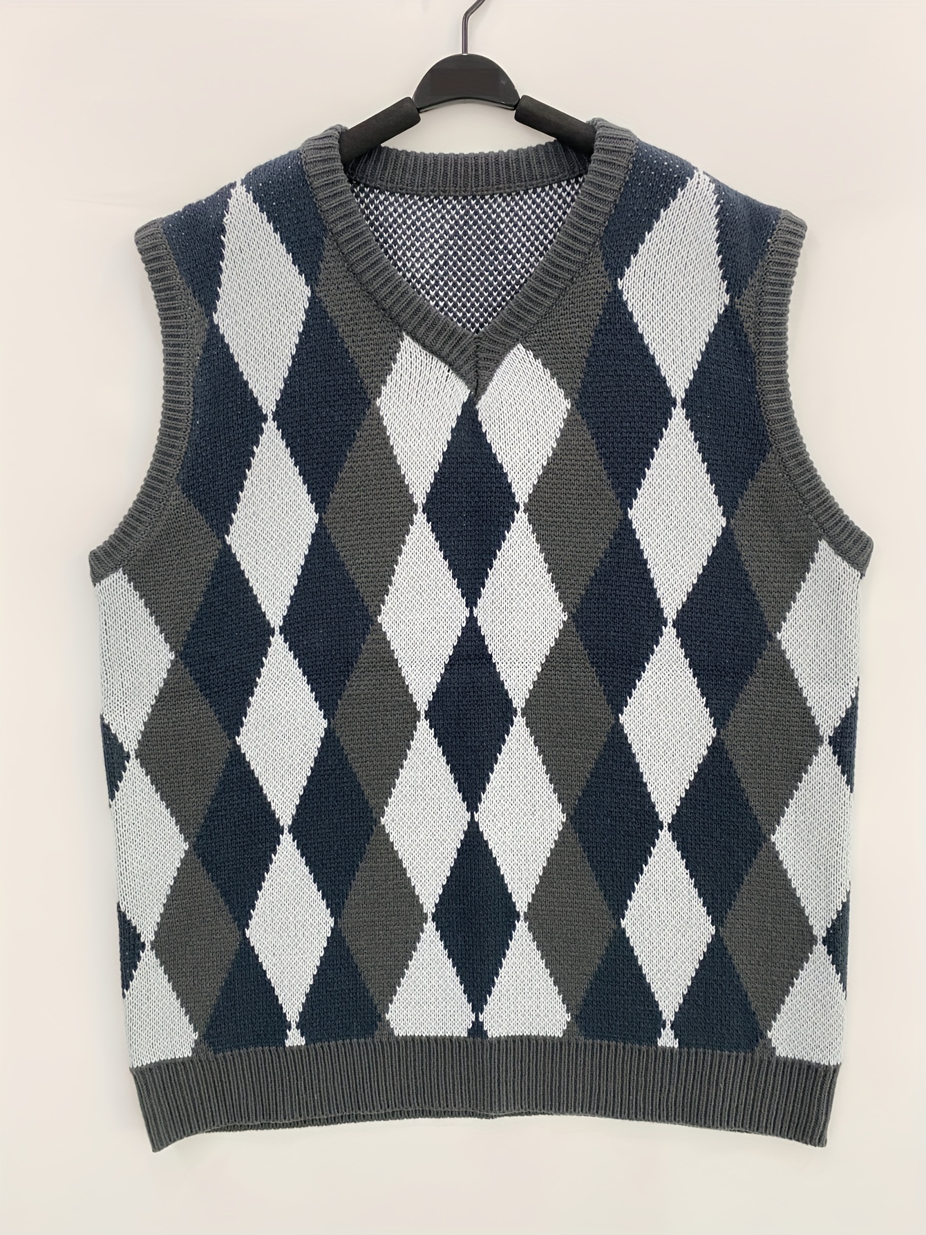 plus size mens college style argyle sleeveless v neck knitted vest fashion slightly stretch sleeveless sweater mens clothes k pop details 10