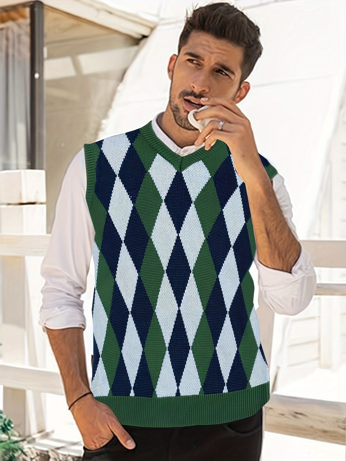 plus size mens college style argyle sleeveless v neck knitted vest fashion slightly stretch sleeveless sweater mens clothes k pop details 15