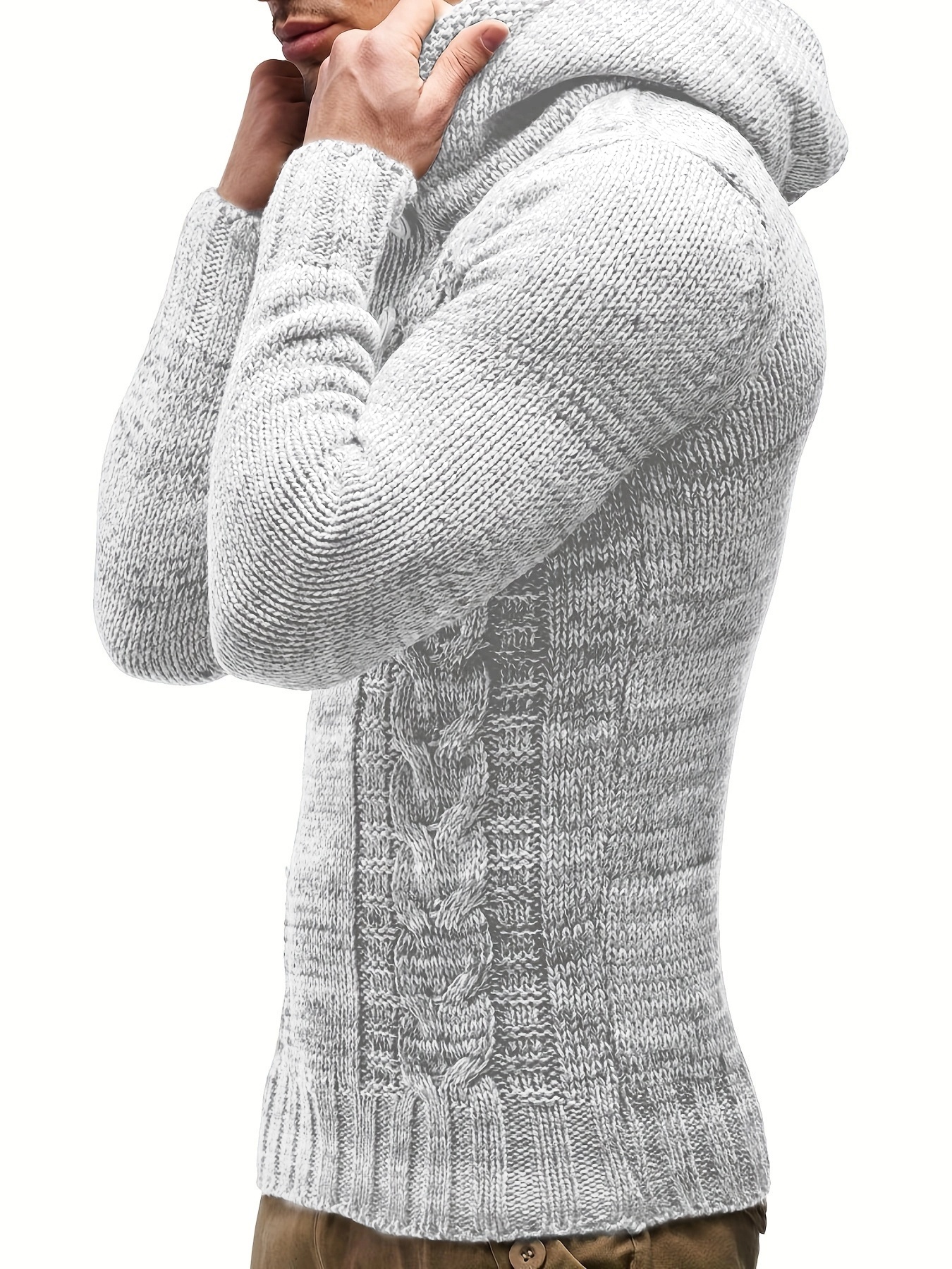 plus size mens cable knit solid hooded sweater for spring autumn details 2