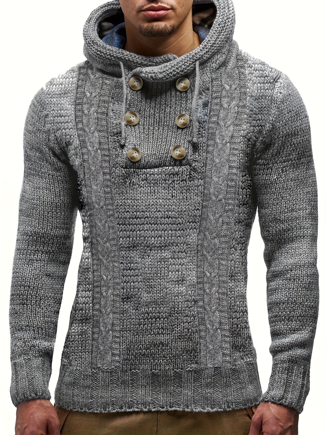 plus size mens cable knit solid hooded sweater for spring autumn details 11