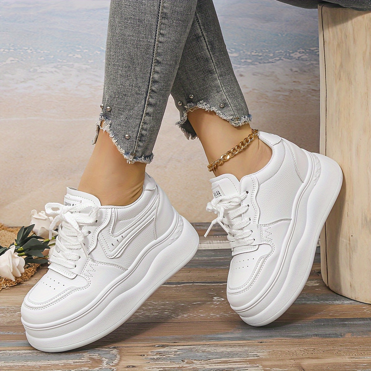 Versatile Solid Color Chunky Sneakers Comfortable Height details 2