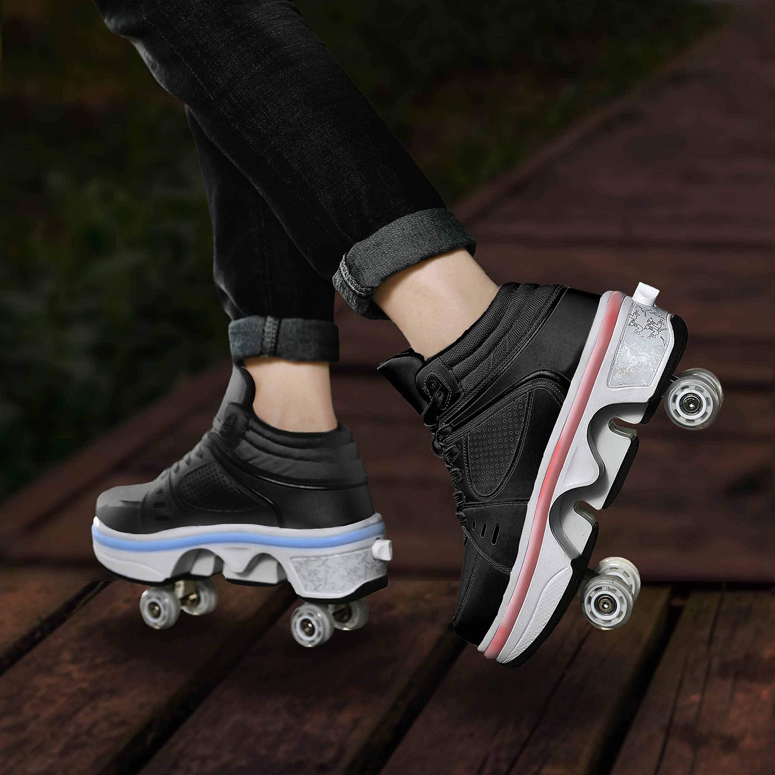   roller skates shoes and sneakers 2 in 1 four rounds roller skates shoes roller skate shoes for men women indoor outdoor double row deformation roller skates birthday gift details 2