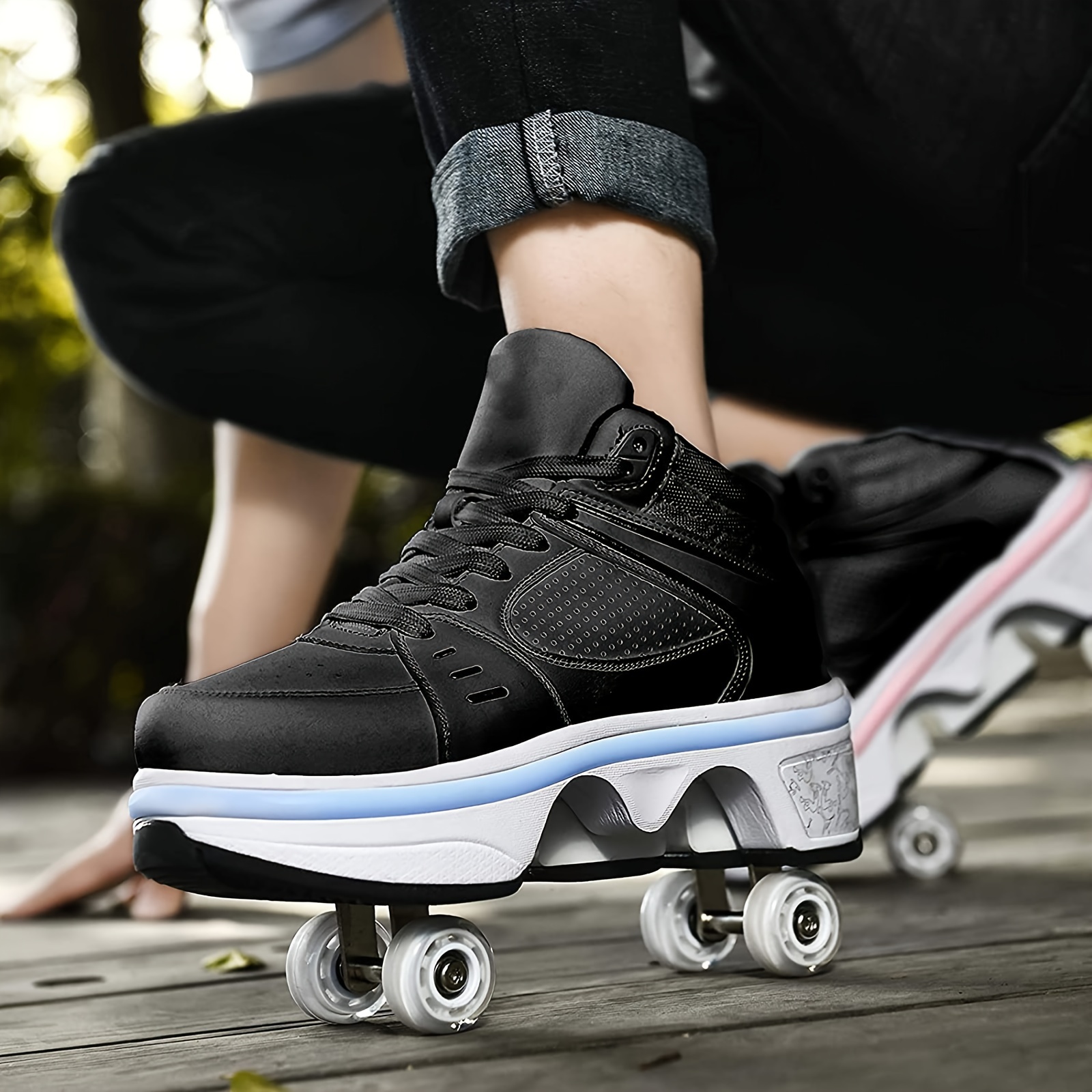   roller skates shoes and sneakers 2 in 1 four rounds roller skates shoes roller skate shoes for men women indoor outdoor double row deformation roller skates birthday gift details 3