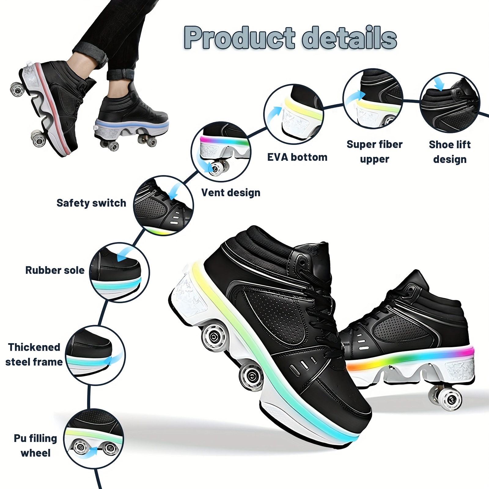   roller skates shoes and sneakers 2 in 1 four rounds roller skates shoes roller skate shoes for men women indoor outdoor double row deformation roller skates birthday gift details 4