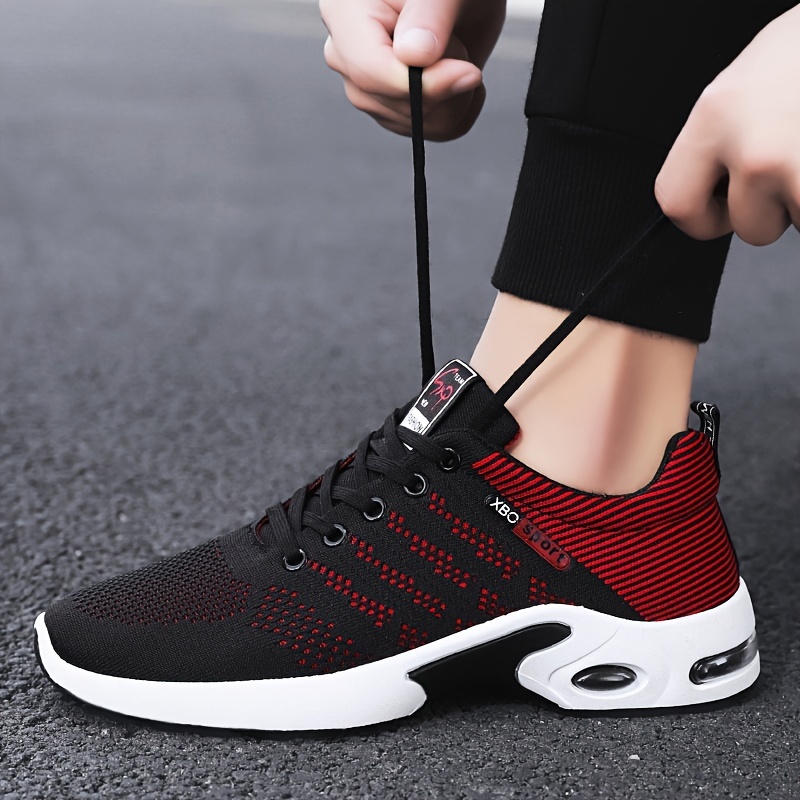 mens trendy woven knit breathable sneakers with air cushion comfy non slip lace up durable shoes for mens outdoor activities details 4